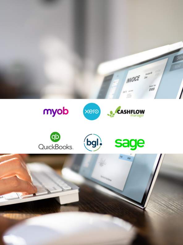 A professional tax agent working on a computer, surrounded by financial documents and accounting software logos like MYOB, Xero, and Cashflow, emphasizing bookkeeping expertise in Australia.