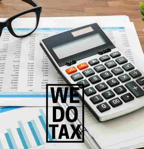 WE DO TAX logo featuring financial documents, calculator, and glasses on a wooden desk, symbolizing professional tax preparation services.